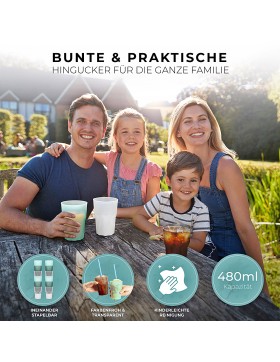 12er Set Trinkbecher 480 ml Kunststoff Cocktail Kinder Becher Glas BPA-frei bunt