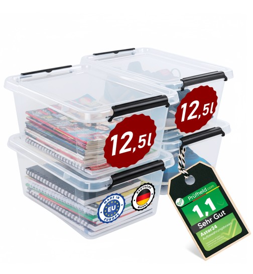 Aufbewahrungsbox mit Deckel 4er Set Kunststoffbox Stapelbox Lagerbox Regalbox 4er Set 12,5 Liter