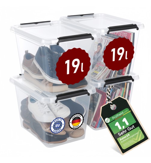 Aufbewahrungsbox mit Deckel 4er Set Kunststoffbox Stapelbox Lagerbox Regalbox 4er Set 19 Liter