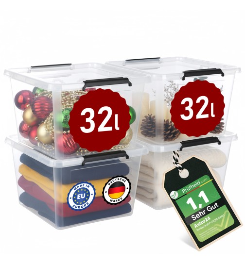 Aufbewahrungsbox mit Deckel 4er Set Kunststoffbox Stapelbox Lagerbox Regalbox 4er Set 32 Liter
